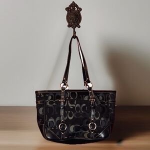 Coach Gallery Optic Signature C Tote Bag Black Silver Canvas Leather